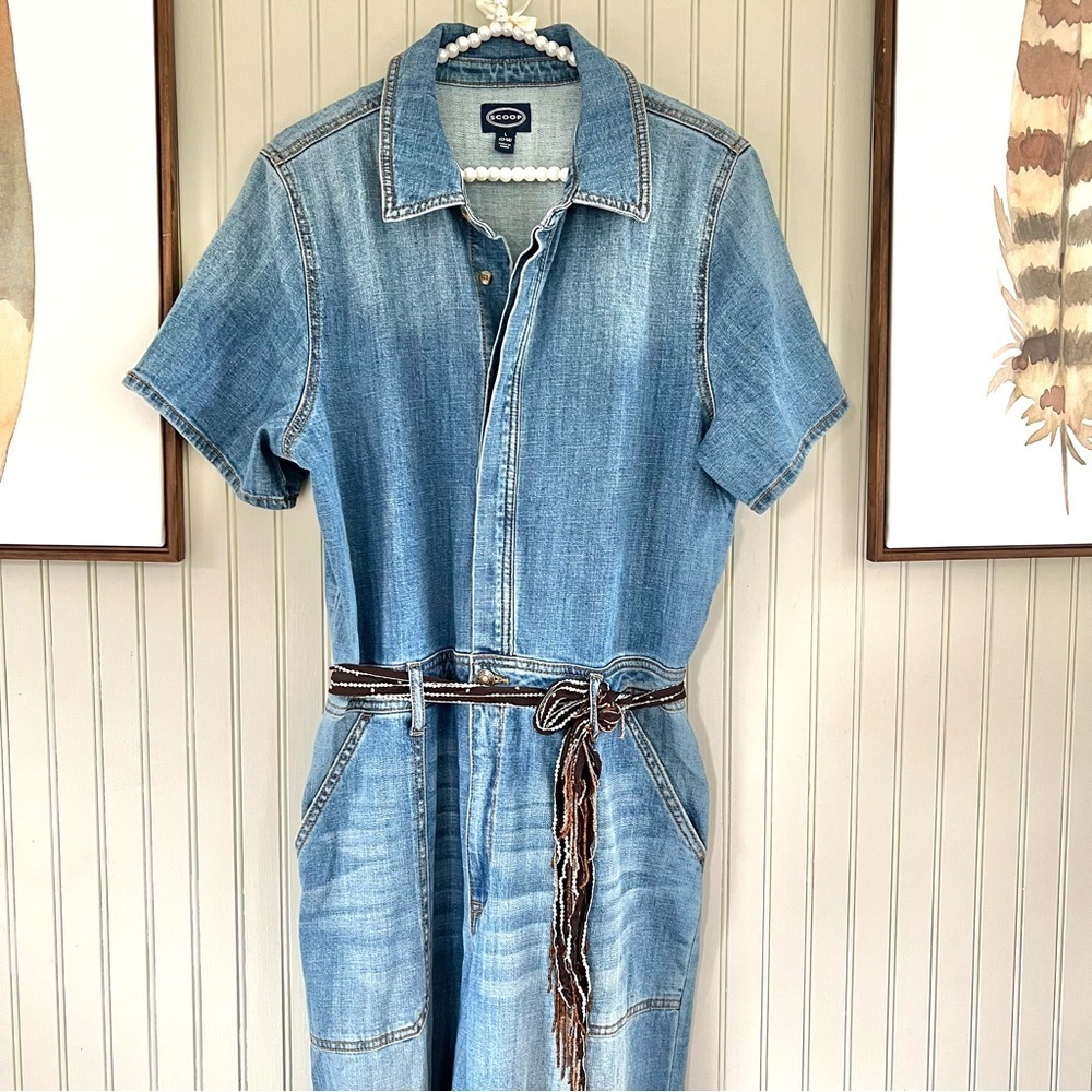 Scoop Denim Button Up Crop Wide Leg Utility Jumpsuit - Picture 6 of 8